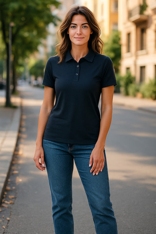 Woman wearing a black Merino polo shirt