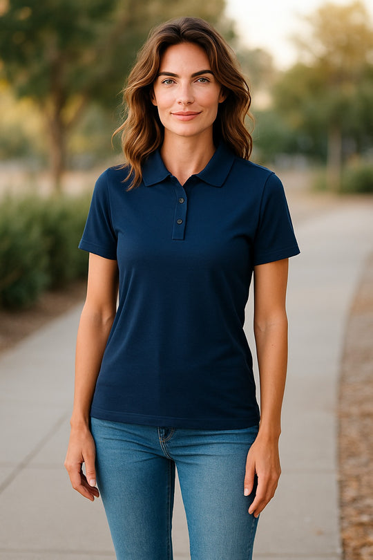 Women's Short Sleeve Polo - Australian Merino Wool - Navy Blue (Light)