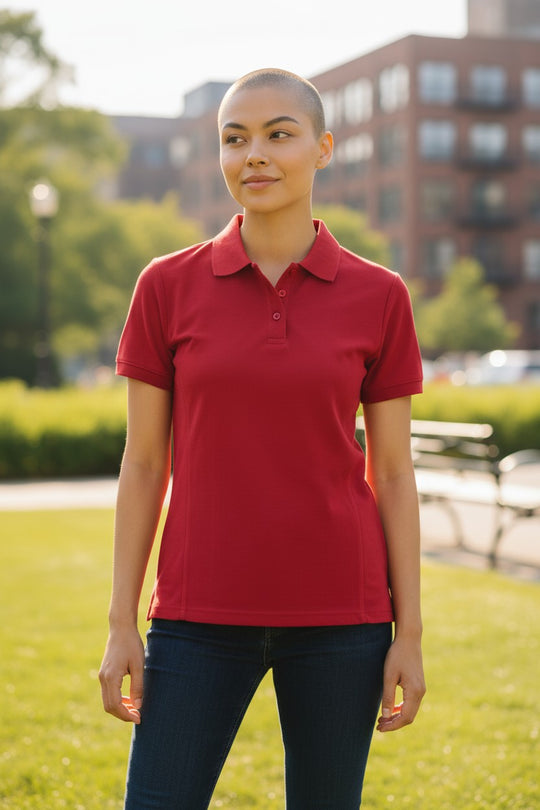Person wearing a red polo shirt standing outdoors with greenery and a building in the background