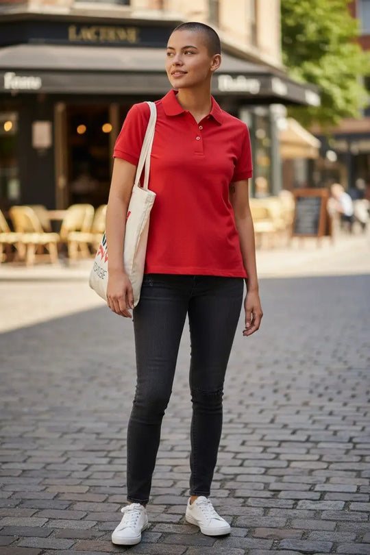 Person wearing a red polo shirt and black pants standing on a street with a building in the background.