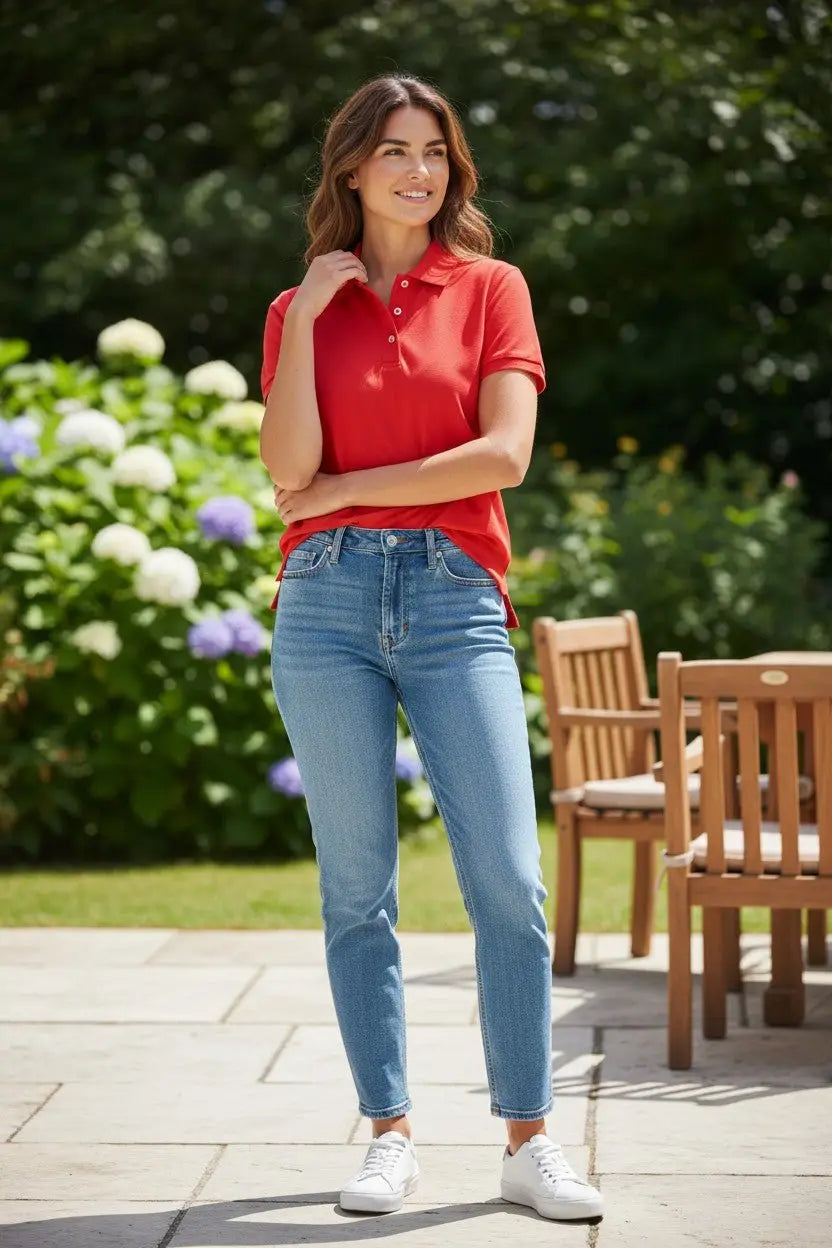 Woman in a red polo shirt and blue jeans standing outdoors with greenery and furniture in the background