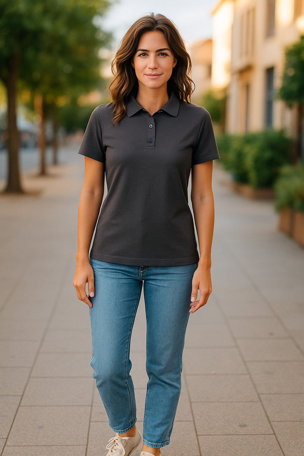 Woman wearing a black polo shirt and blue jeans standing on a sidewalk.