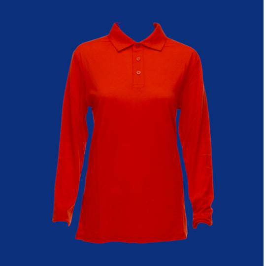 Red long-sleeve polo shirt on a blue background