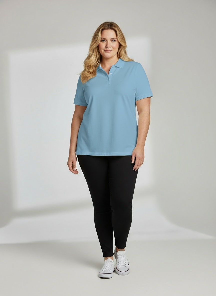 Woman wearing a light blue polo shirt and black pants on a white background