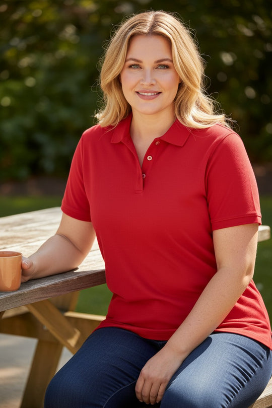 Woman in a red polo shirt sitting outdoors at a wooden table.