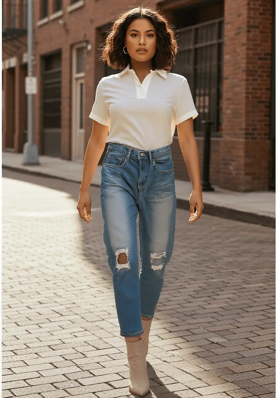 Woman walking on a street wearing a white polo shirt and blue jeans.