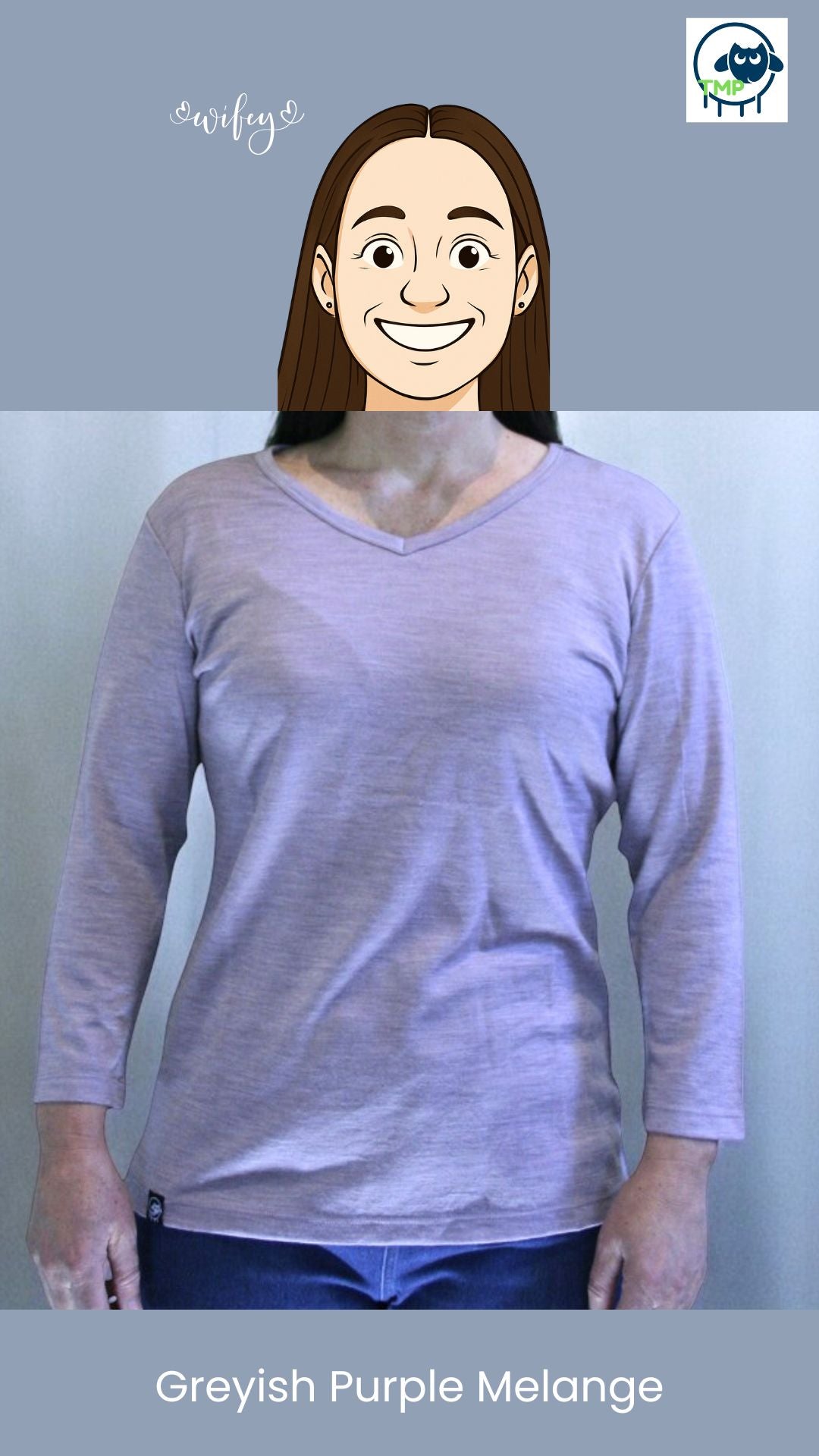 Person wearing a greyish purple melange shirt against a plain background