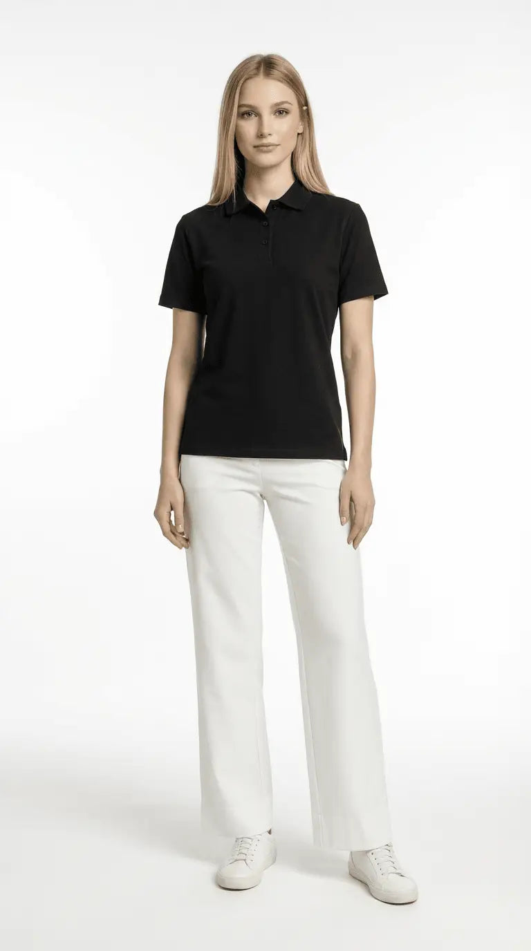 Woman wearing a black polo shirt and white pants on a white background