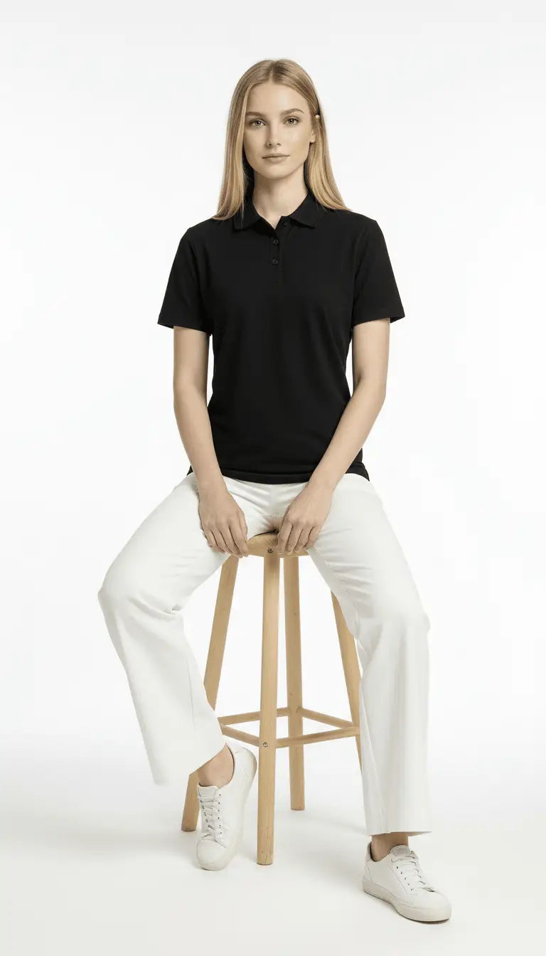 Woman sitting on a stool wearing a black polo shirt and white pants against a white background