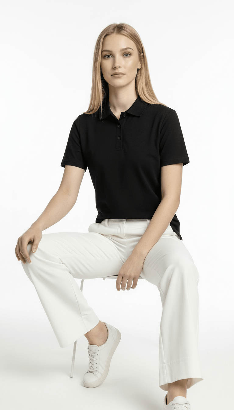 Person wearing a black polo shirt and white pants on a white background