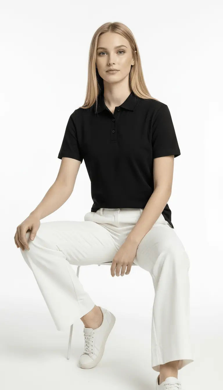 Person wearing a black polo shirt and white pants on a white background