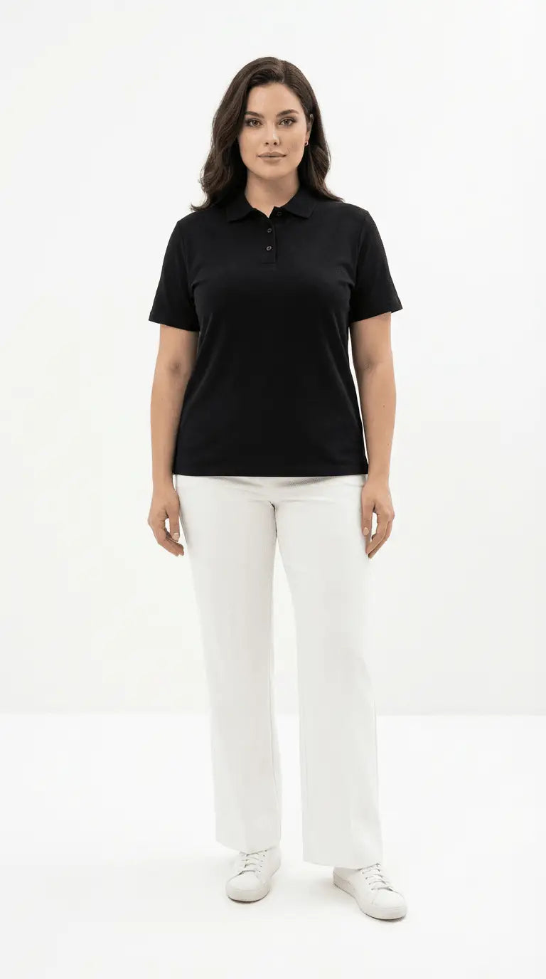 Woman wearing a black polo shirt and white pants on a white background