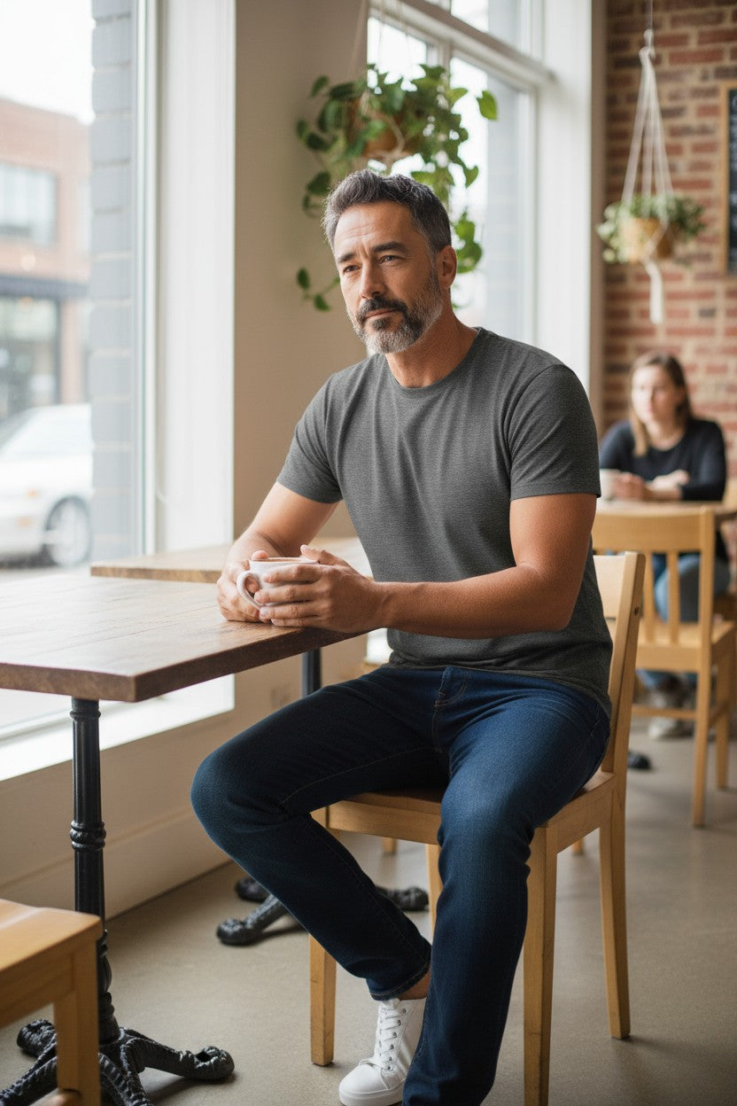 Man sitting at a table in a cafe holding a cup wearing grey merino t-shirt