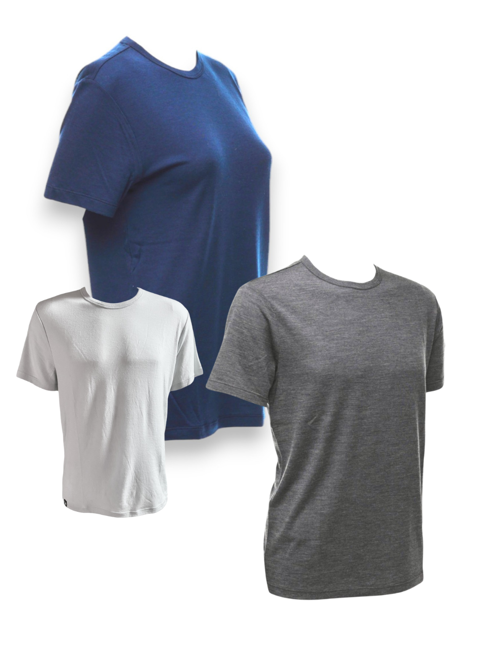 Three plain t-shirts in blue, gray, and white on a white background