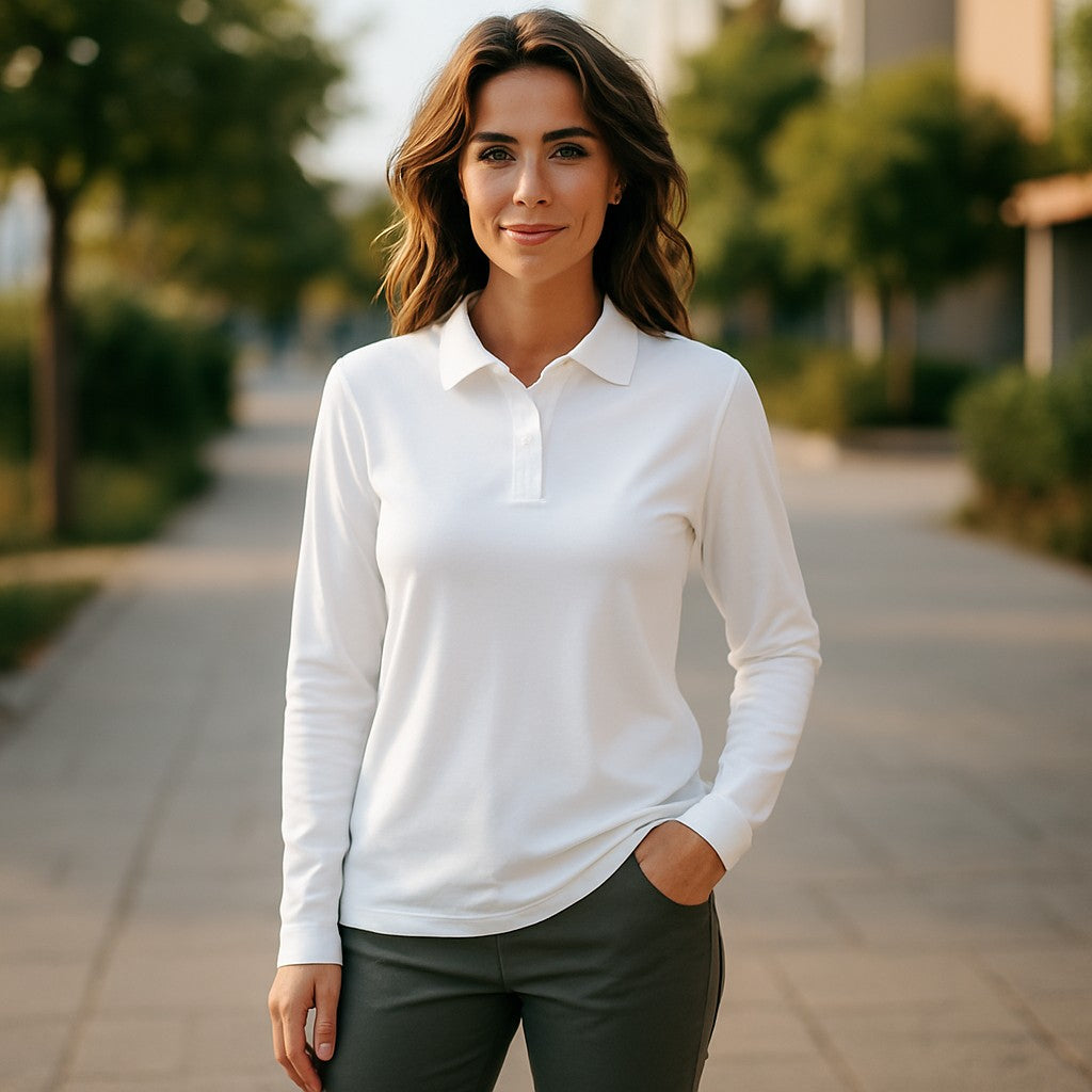 Woman wearing a white long-sleeve shirt and dark pants standing outdoors.