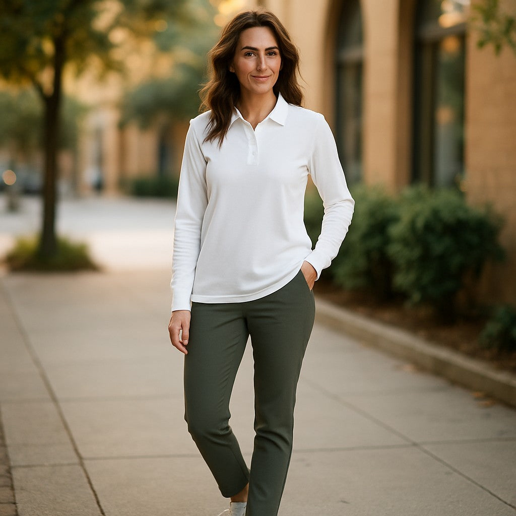 Woman in a white shirt and green pants walking on a sidewalk.