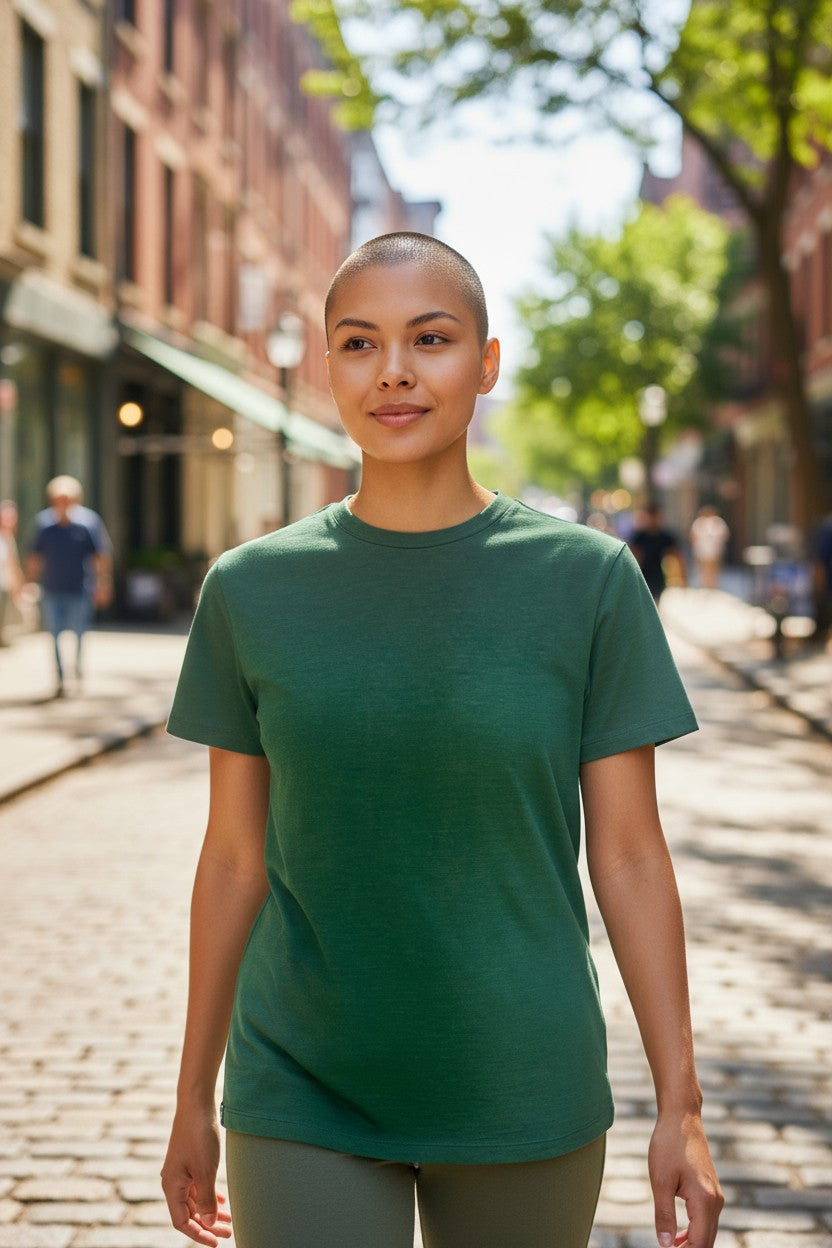 Woman wearing a green t-shirt on a city street