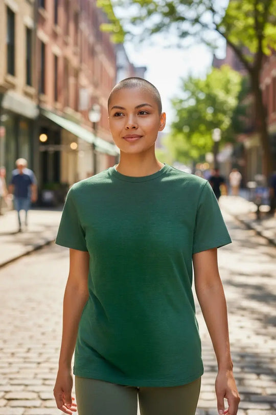 Woman wearing a green t-shirt on a city street
