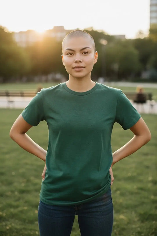 Person wearing a green t-shirt standing outdoors with a blurred background