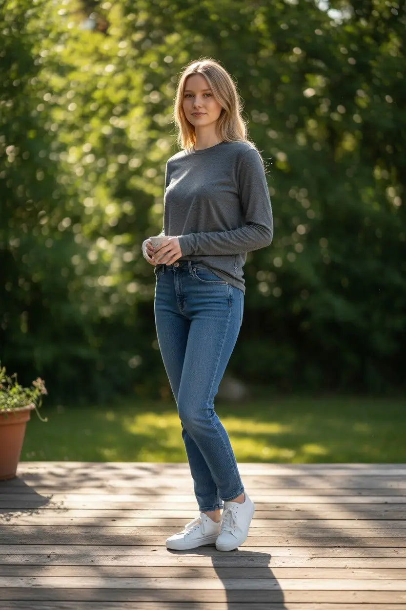 Woman standing on a wooden deck with greenery in the background