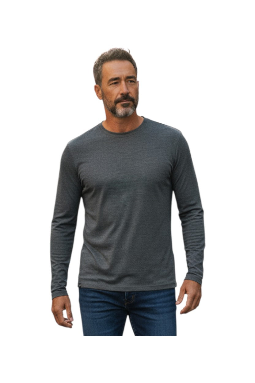 Man wearing a gray long-sleeve shirt and blue jeans on a white background