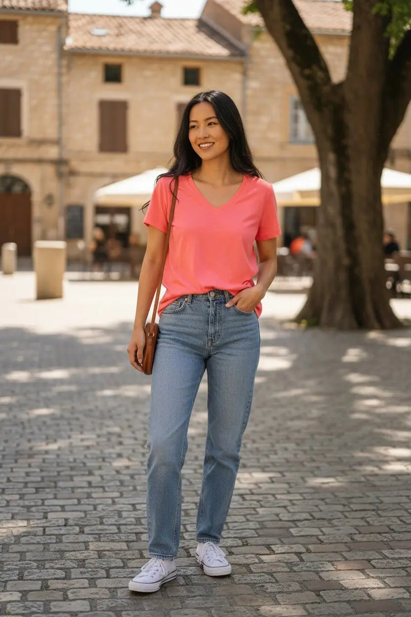 Peach merino wool v-neck t-shirt by @themerinopolo