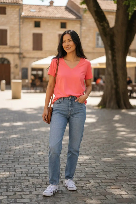 Peach merino wool v-neck t-shirt by @themerinopolo
