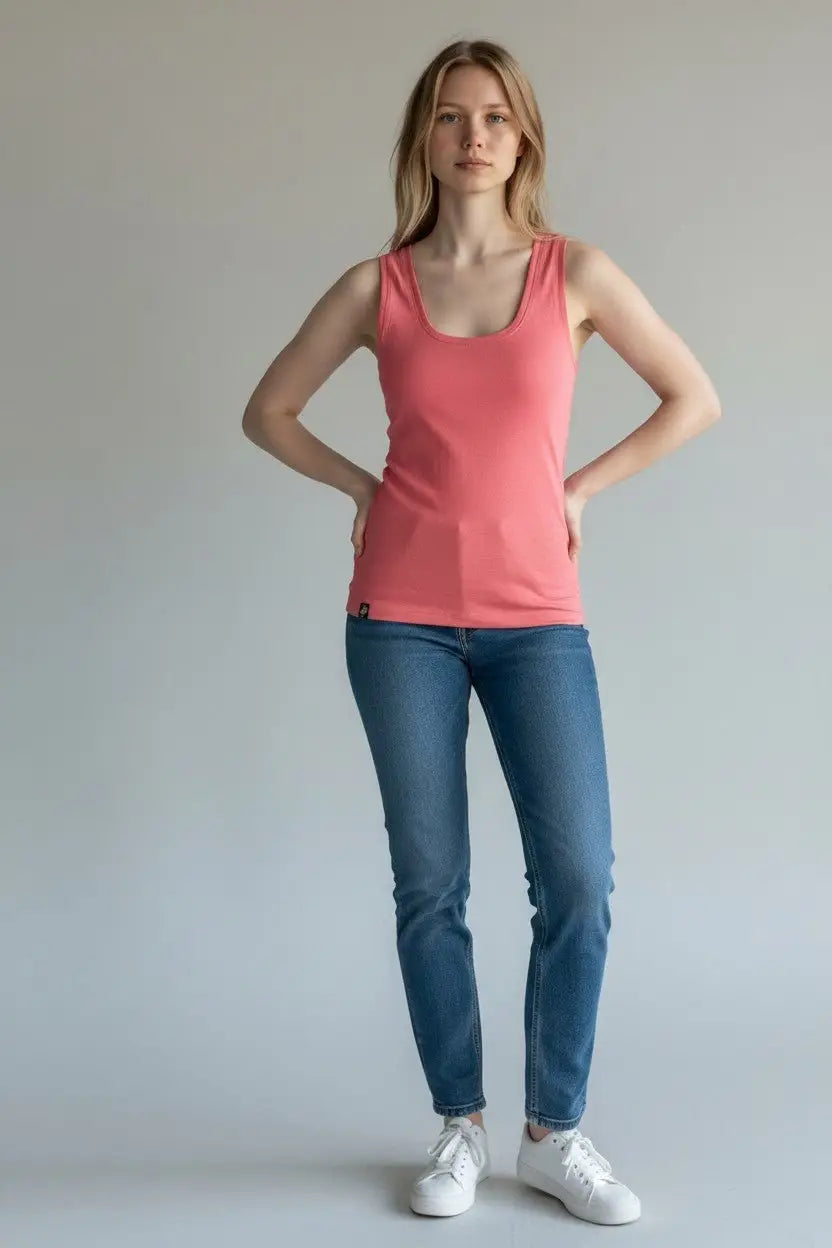 Woman wearing a pink tank top and blue jeans against a plain background