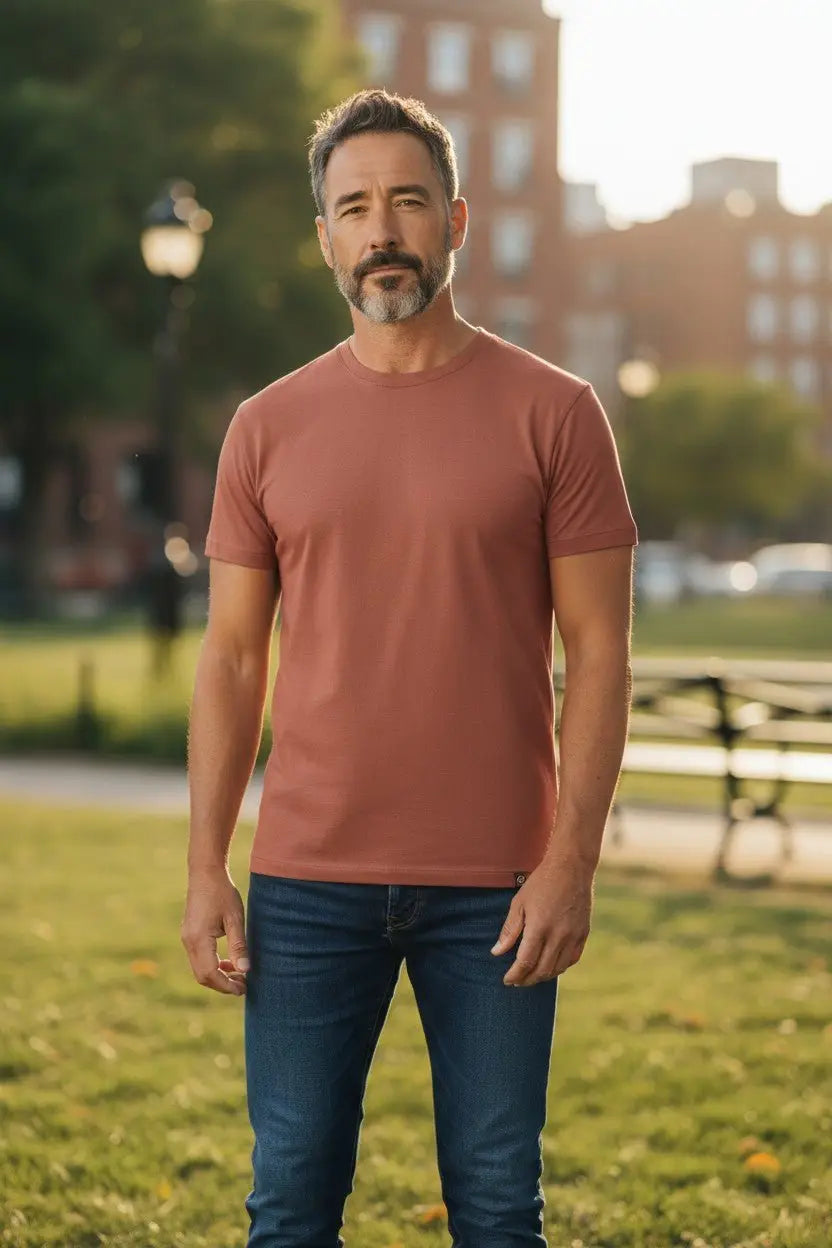 Man wearing a brown t-shirt and blue jeans standing in a park with buildings in the background