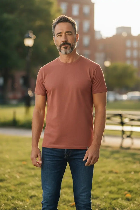 Man wearing a brown t-shirt and blue jeans standing in a park with buildings in the background