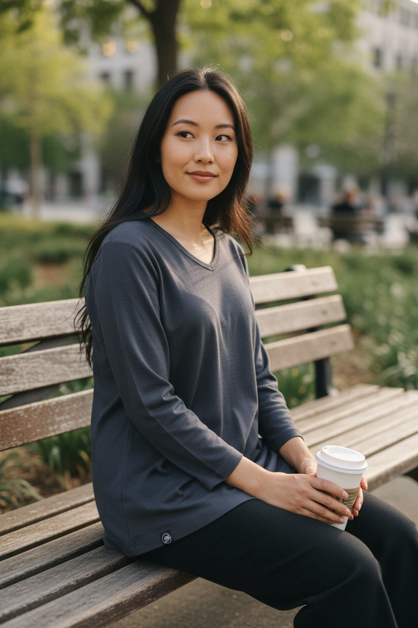 Lady's V-Neck Merino T-shirts 3/4 Sleeve - Charcoal