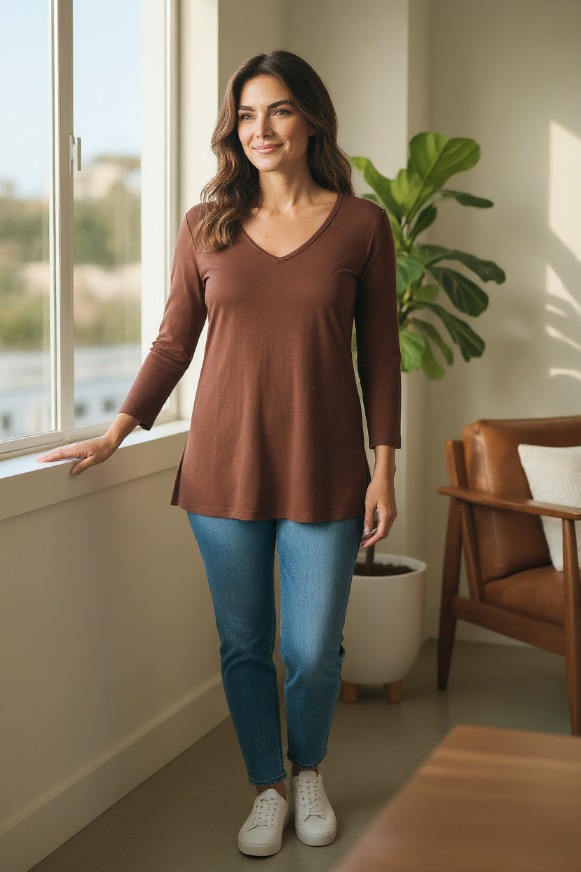 Woman in a brown tunic and blue jeans standing by a window in a bright room.