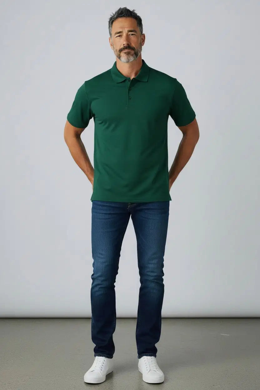 Man wearing a green polo shirt and blue jeans standing against a plain background