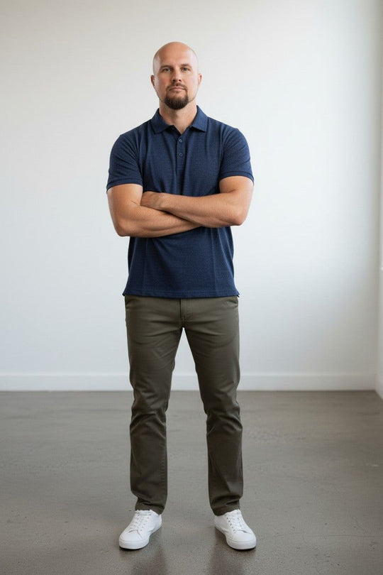Man in merino wool polo shirt