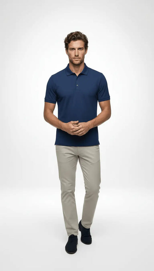 Man in luxury blue wool polo