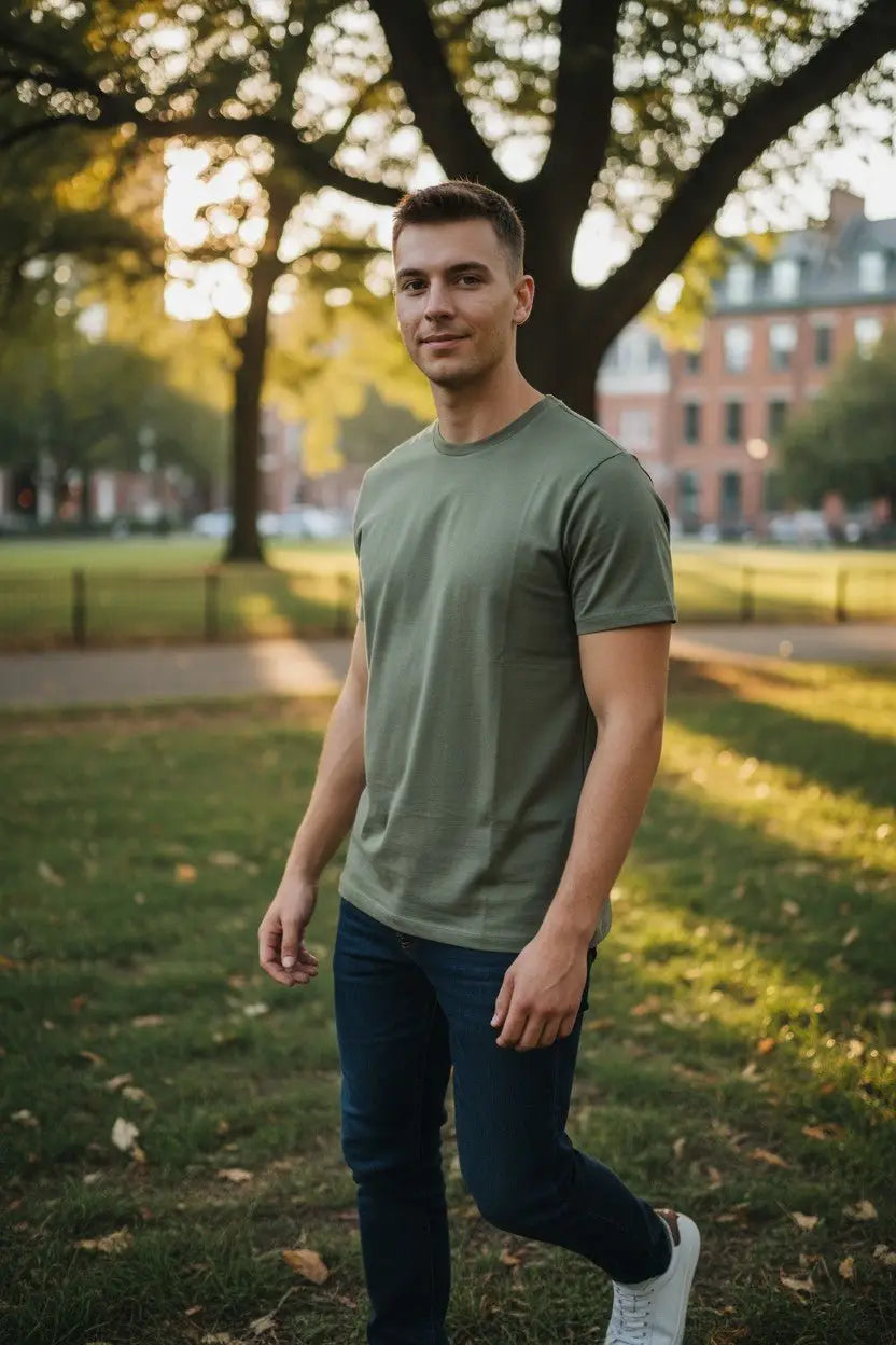 Man standing in a park wearing a green t-shirt and dark jeans.