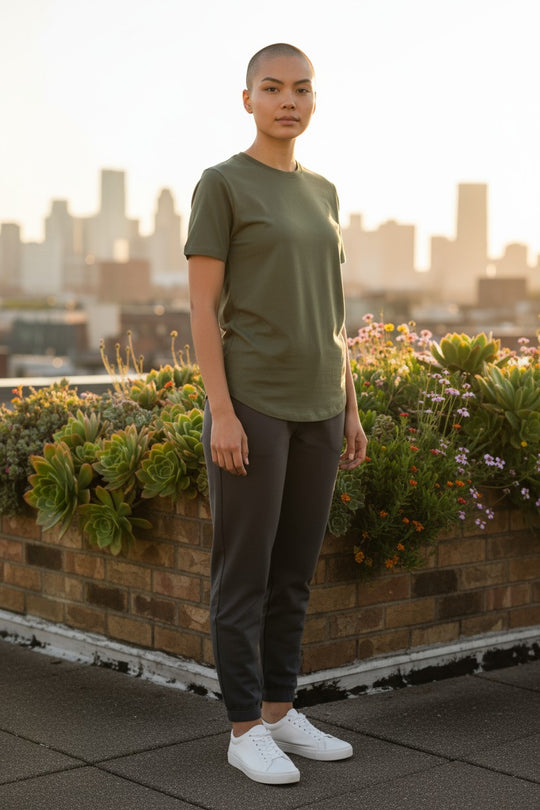 Person wearing a green t-shirt and dark pants standing on a rooftop with a cityscape in the background.