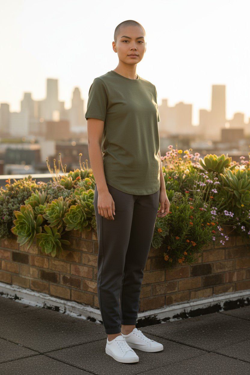 Person wearing a green t-shirt and dark pants standing on a rooftop with a cityscape in the background.