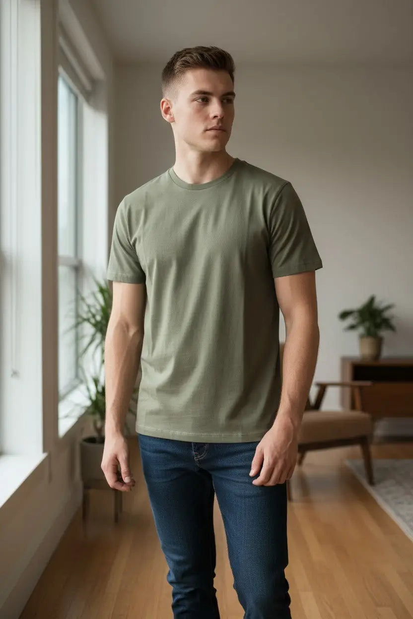 Man wearing a green t-shirt and blue jeans standing in a room with large windows and plants.