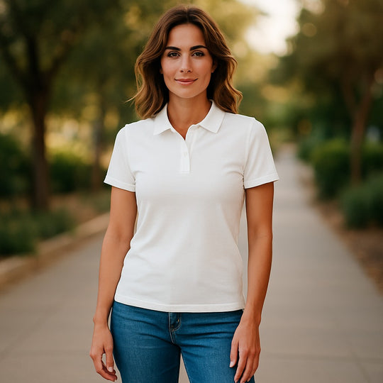 Woman wearing a white merino polo shirt and blue jeans standing outdoors with trees in the background