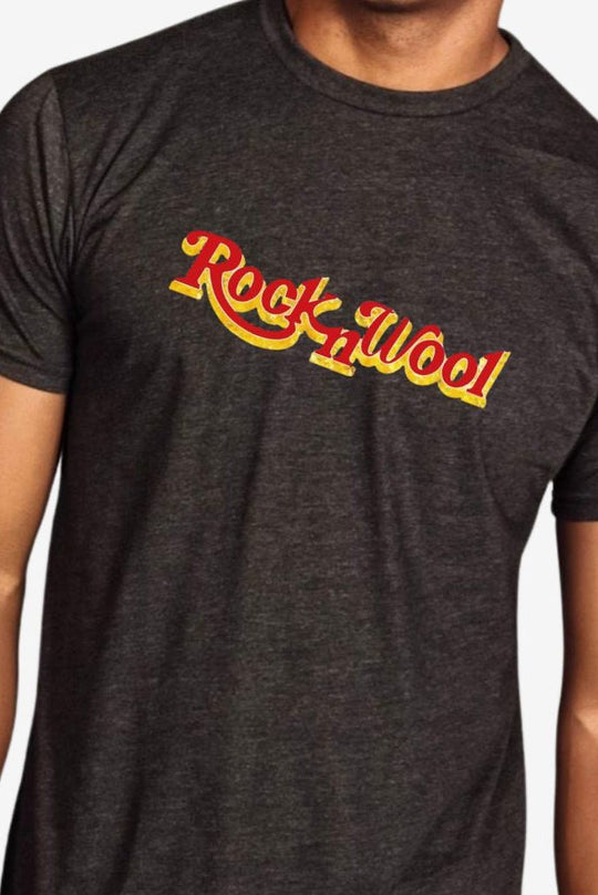 Person wearing a dark gray t-shirt with 'Rock n' Roll' in yellow and red text.