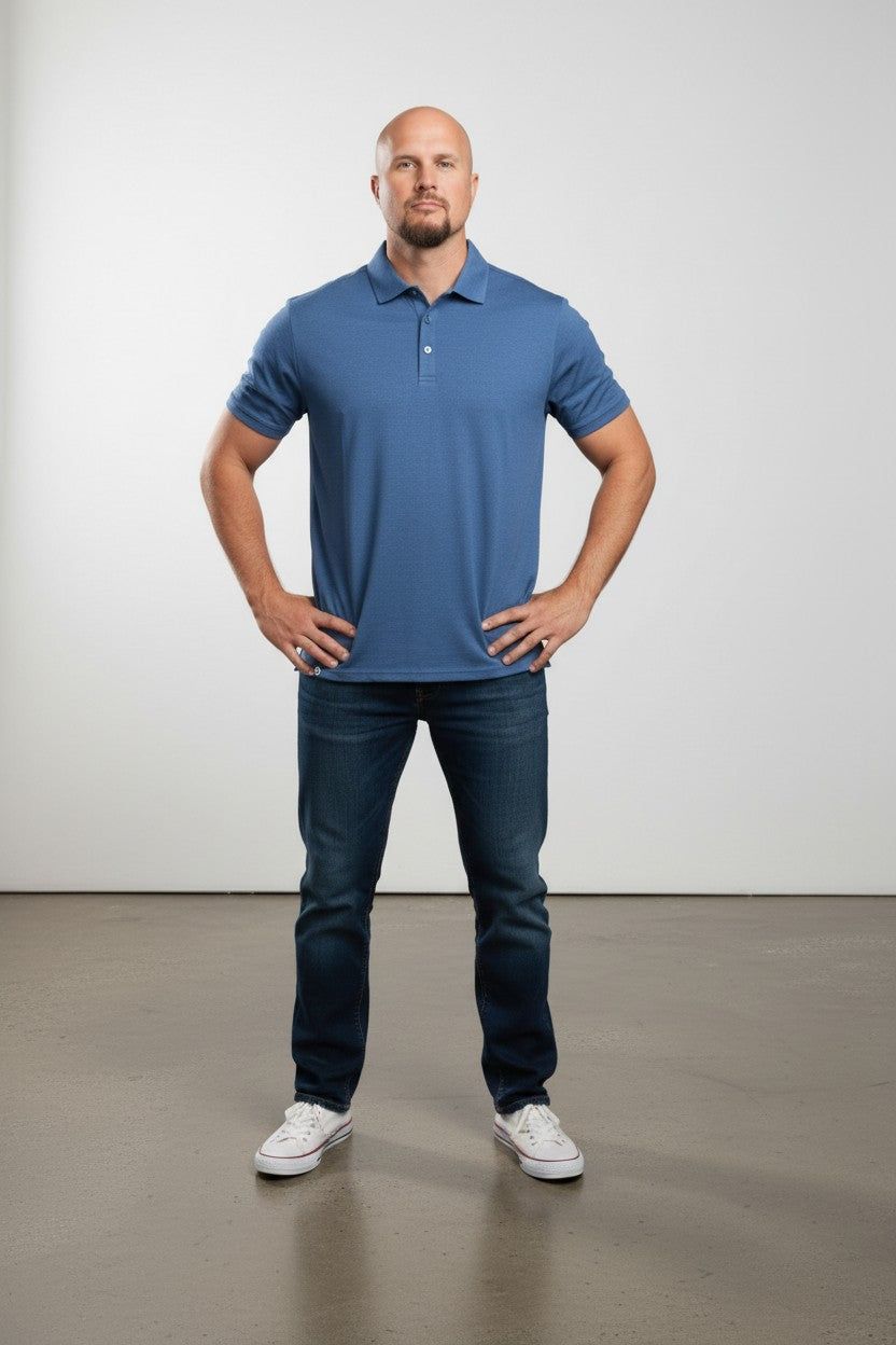 Man in merino wool polo shirt