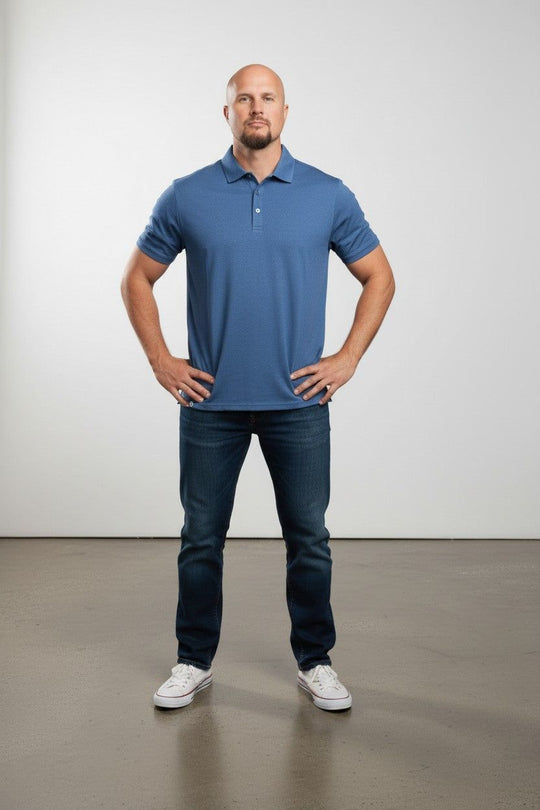 Man in merino wool polo shirt
