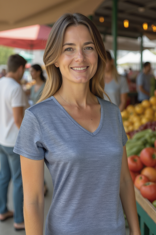Lady's Merino T-shirts - 100% Extra Superfine Wool - Blue Melange - The Merino Polo